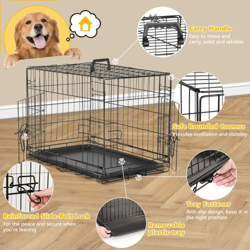 Dog Crate With Divider Double Door Folding Wire Dog Crate With Plastic Leak-proof Plate, Indoor Pet Kennel